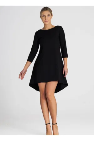 Rochie asimetrica - plisata - maneci 3/4 - spate prelungit - poliester-viscoza negru
