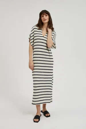 Rochie bej cu decolteu in V si dungi