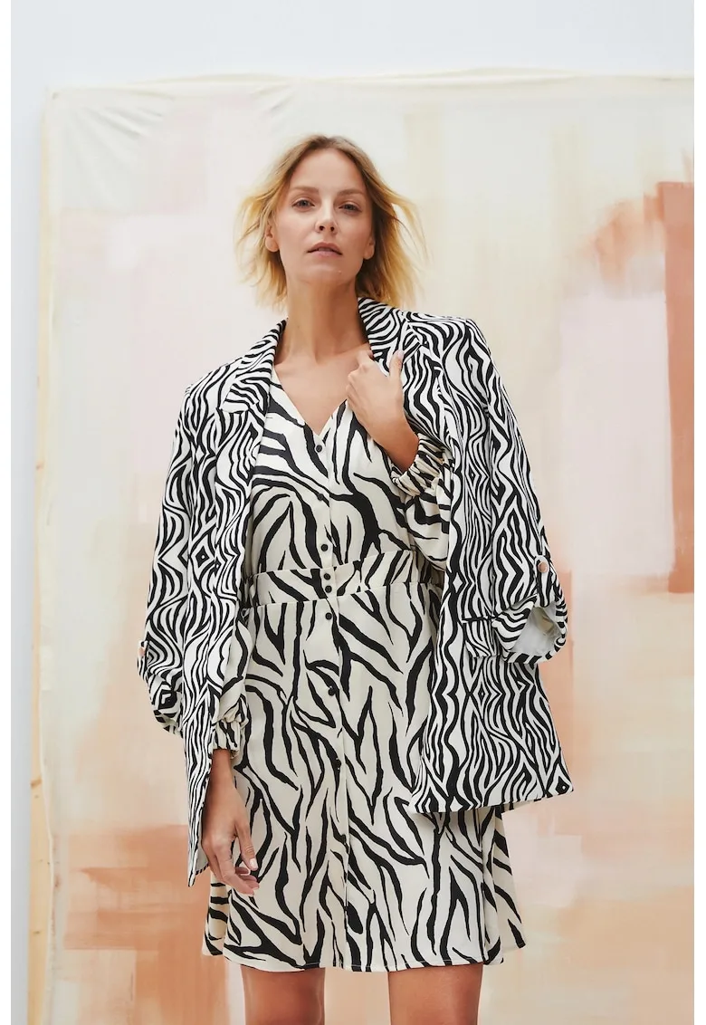 Rochie bej cu maneci bufante si imprimeu animalier