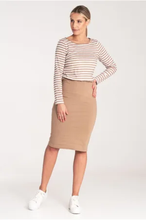 Rochie bicolora M1057 - bej - material elastic - confortabil - bumbac