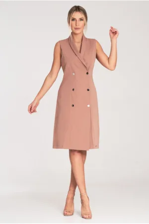 Rochie blazer midi bej - poliester-viscoza - croiala ajustata - fara maneci - cu nasturi