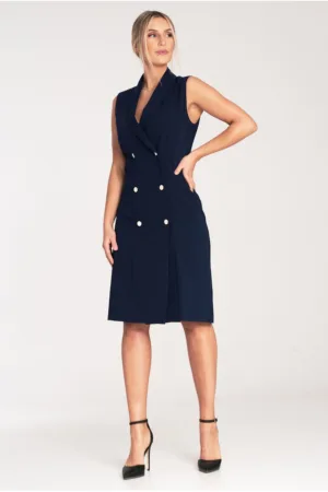 Rochie blazer midi bleumarin - fara maneci - cu nasturi - poliester si viscoza