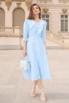 Rochie bleu clos de ocazie cu guler maxi si nasturi perluta