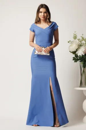 Rochie bleu lunga din stofa cu decolteu barcuta si crapatura pe picior- LaDonna