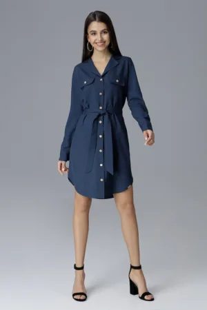 Rochie - bleumarin - cu centura - cu nasturi - poliester
