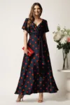 Rochie bleumarin lunga din satin in clos cu buline rosii si volan
