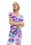 Rochie bodycon cu imprimeu floral si design drapat