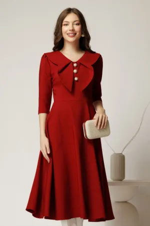 Rochie bordo clos de ocazie cu guler maxi si nasturi perluta