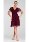 Rochie  bordo - cu maneci din tul - decolteu plic - croi mulat - evazat - material cu captuseala -