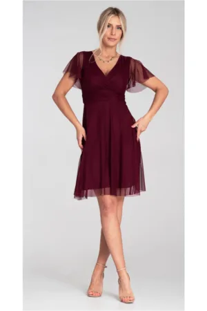 Rochie bordo - cu maneci din tul - decolteu plic - croi mulat - evazat - material cu captuseala -