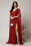 Rochie bordo lunga de seara din dantela cu aplicatii pe umeri