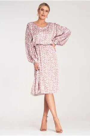 Rochie bufanta maneci voluminoase - imprimeu floral - roz - poliester-elastan -