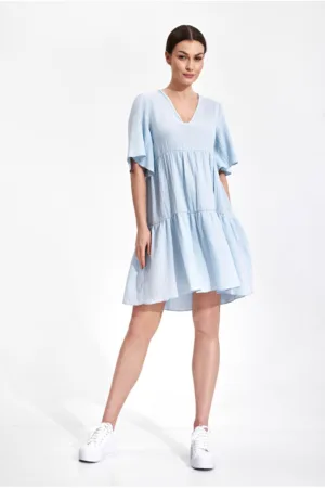 Rochie bumbac - cu volane - albastru deschis -