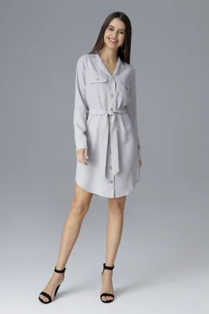 Rochie camasa M630 gri - maneca lunga - cu nasturi si curea - poliester 100%