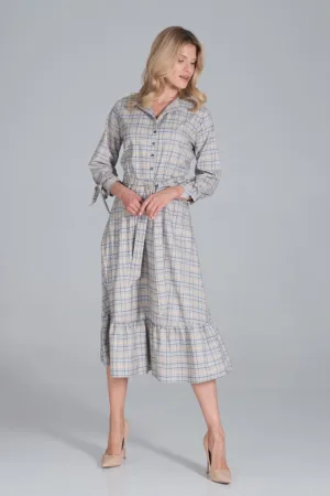 Rochie camasa M840 Tipar 121 - cu curea - croi evazat - bej - poliester 100%