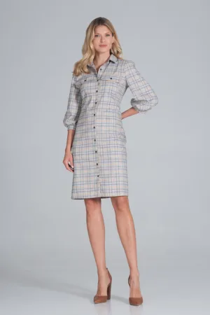 Rochie camasa M849 - carouri - poliester - gri