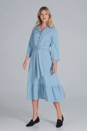 Rochie camasa albastru deschis - cu centura - poliester -
