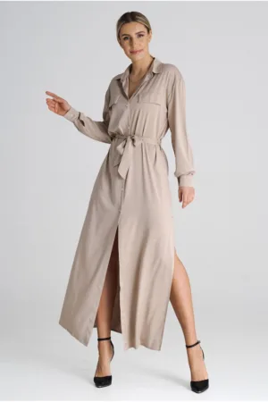 Rochie camasa bej M1000 - eleganta - confortabila - din poliester si elastan