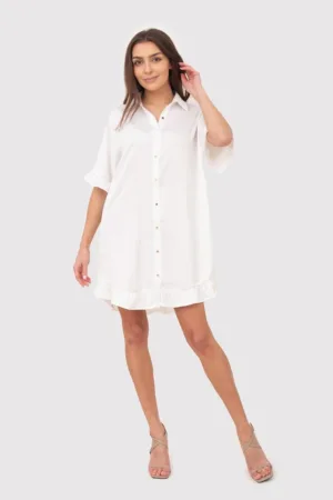 Rochie camasa crem cu bordura cu volane si nasturi aurii DA1774 CREAM