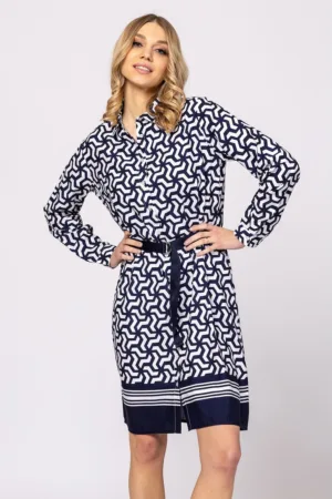 Rochie camasa  croi drept - guler decorativ - alb/bleumarin - 100% vascoza