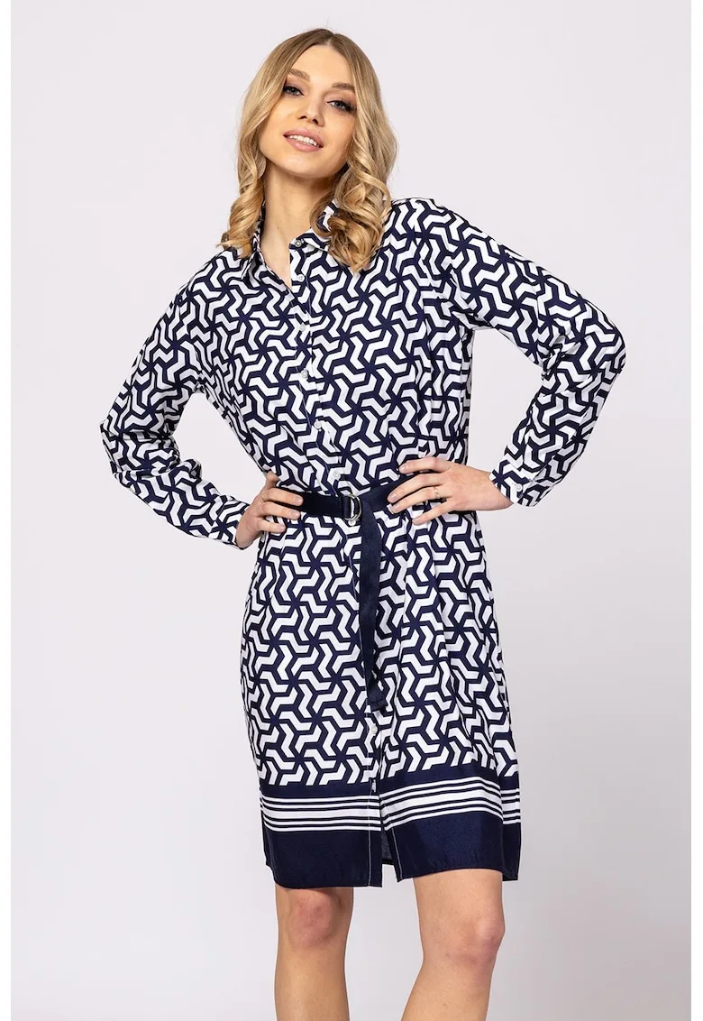 Rochie camasa croi drept - guler decorativ - alb/bleumarin - 100% vascoza