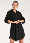 Rochie camasa dama -  neagra - maneca lunga - cu nasturi - 95% poliester - 5% elastan -