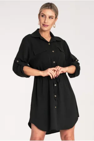 Rochie camasa dama - neagra - maneca lunga - cu nasturi - 95% poliester - 5% elastan -