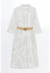 Rochie-camasa din amestec de in cu model in dungi si cordon in talie
