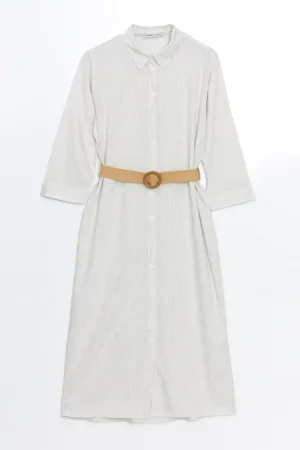 Rochie-camasa din amestec de in cu model in dungi si cordon in talie