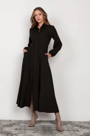 Rochie-camasa lunga cu nasturi si cordon in talie
