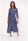 Rochie-camasa lunga cu prindere in talie si aspect de denim
