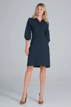 Rochie - camasa - maneci bufante 3/4 - albastru - poliester