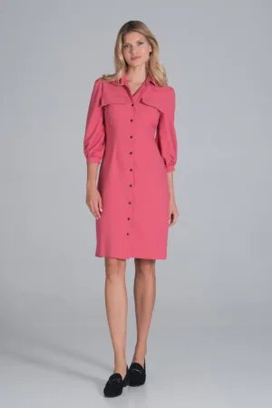 Rochie camasa maneci bufante 3/4 - culoare coral - poliester