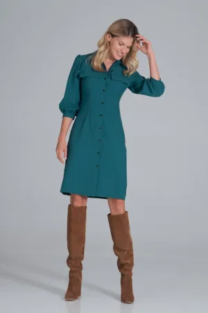 Rochie - camasa - maneci bufante 3/4 - verde - poliester