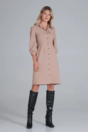 Rochie - camasa - maneci bufante - bej - poliester