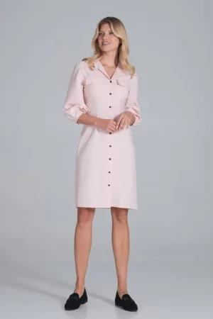 Rochie - camasa - maneci bufante - roz - casual - poliester