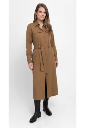 Rochie-camasa maxi cu maneci lungi  G-Villa - cu cordon - nasturi - camel