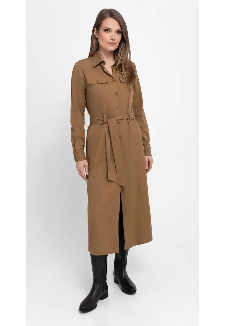 Rochie-camasa maxi cu maneci lungi G-Villa - cu cordon - nasturi - camel