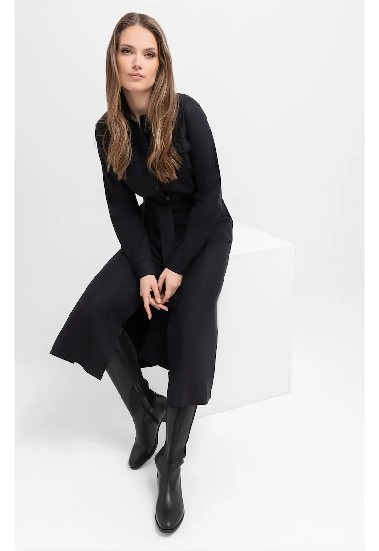 Rochie-camasa maxi cu maneci lungi G-Villa - cu cordon - nasturi - negru