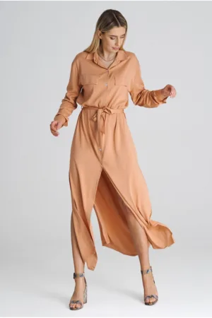 Rochie camasa maxi portocalie - croiala lejera - poliester