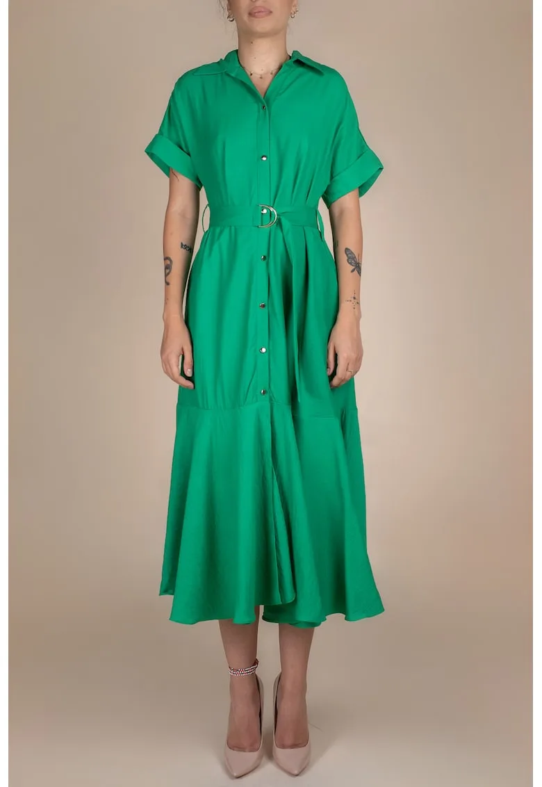 Rochie-camasa midi cu volane si cordon in talie