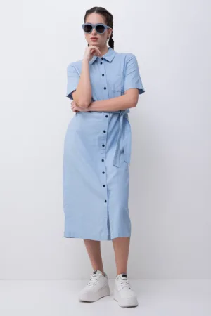 Rochie-camasa midi din amestec de in cu cordon in talie