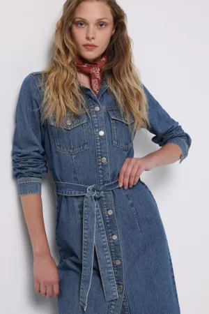 Rochie-camasa midi din denim cu maneci lungi