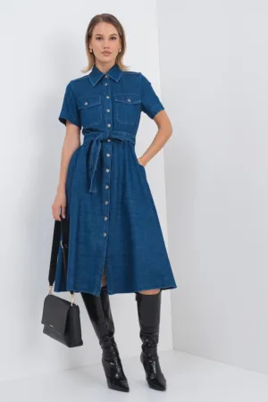 Rochie-camasa midi din denim - evazata cu cordon