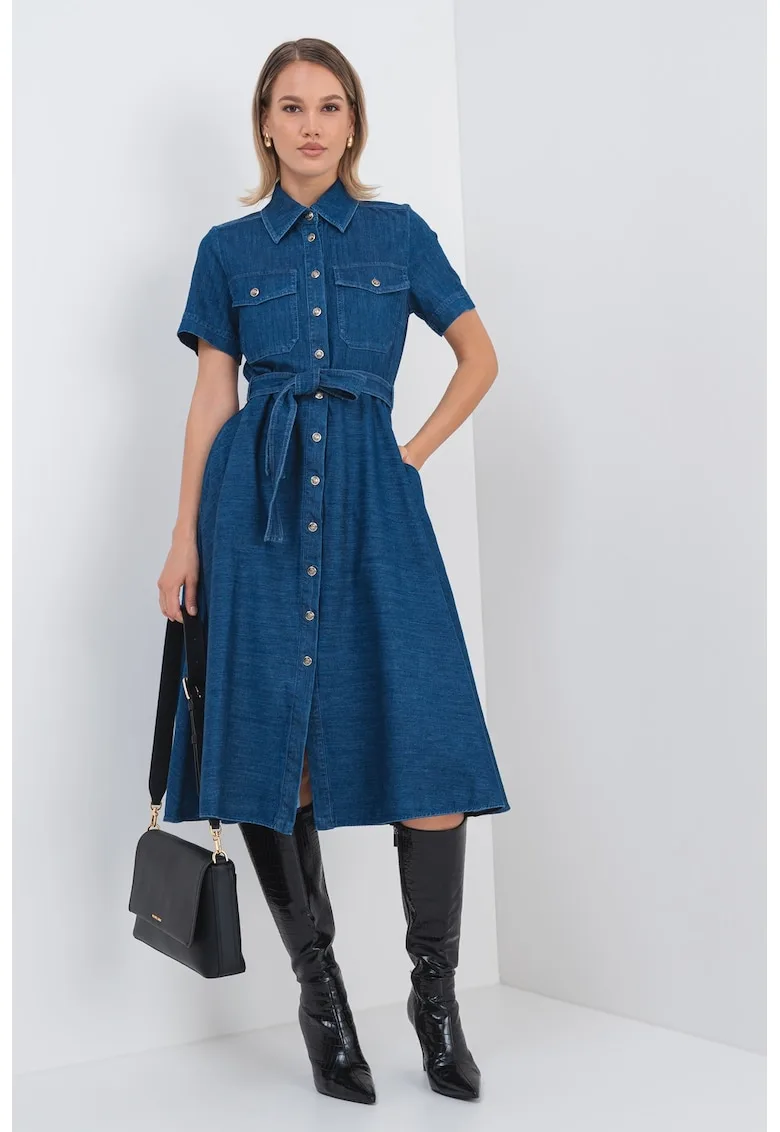 Rochie-camasa midi din denim - evazata cu cordon