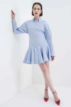 Rochie-camasa mini cu croiala evazata si maneci lungi