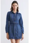 Rochie-camasa mini din denim cu cordon in talie