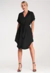 Rochie camasa -  neagra - asimetrica - din viscoza - cu curea -