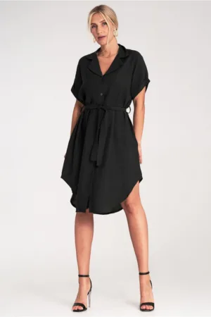 Rochie camasa - neagra - asimetrica - din viscoza - cu curea -