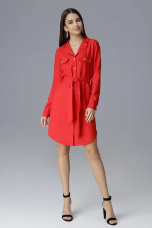 Rochie camasa rosie - maneca lunga - cu nasturi si brau - poliester 100%